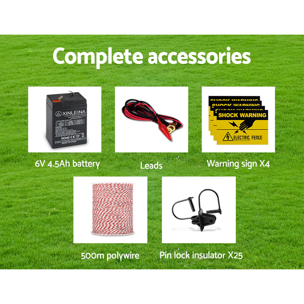 5km Solar Electric Fence Energiser Charger with 500M Tape and 25pcs Insulators - Nurns