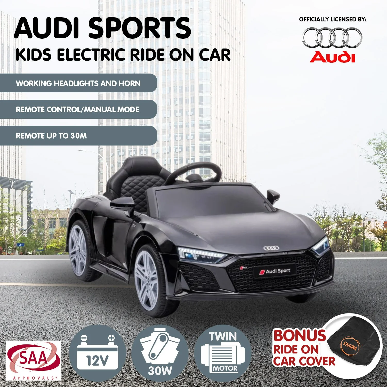 Audi Sport Licensed Kids Electric Ride On Car Remote Control - Black - Nurns