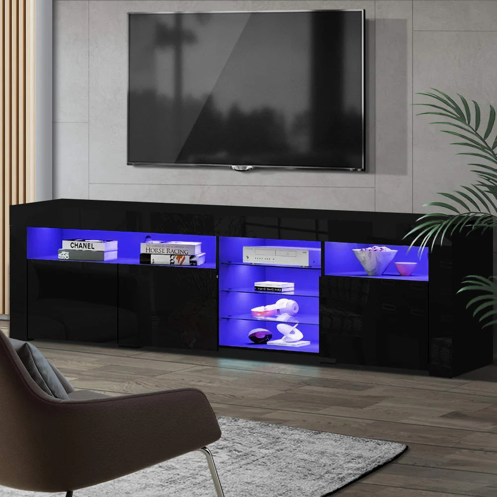 Hanns 180cm TV Cabinet Entertainment Unit Stand RGB LED Gloss 3 Doors - Black - Nurns