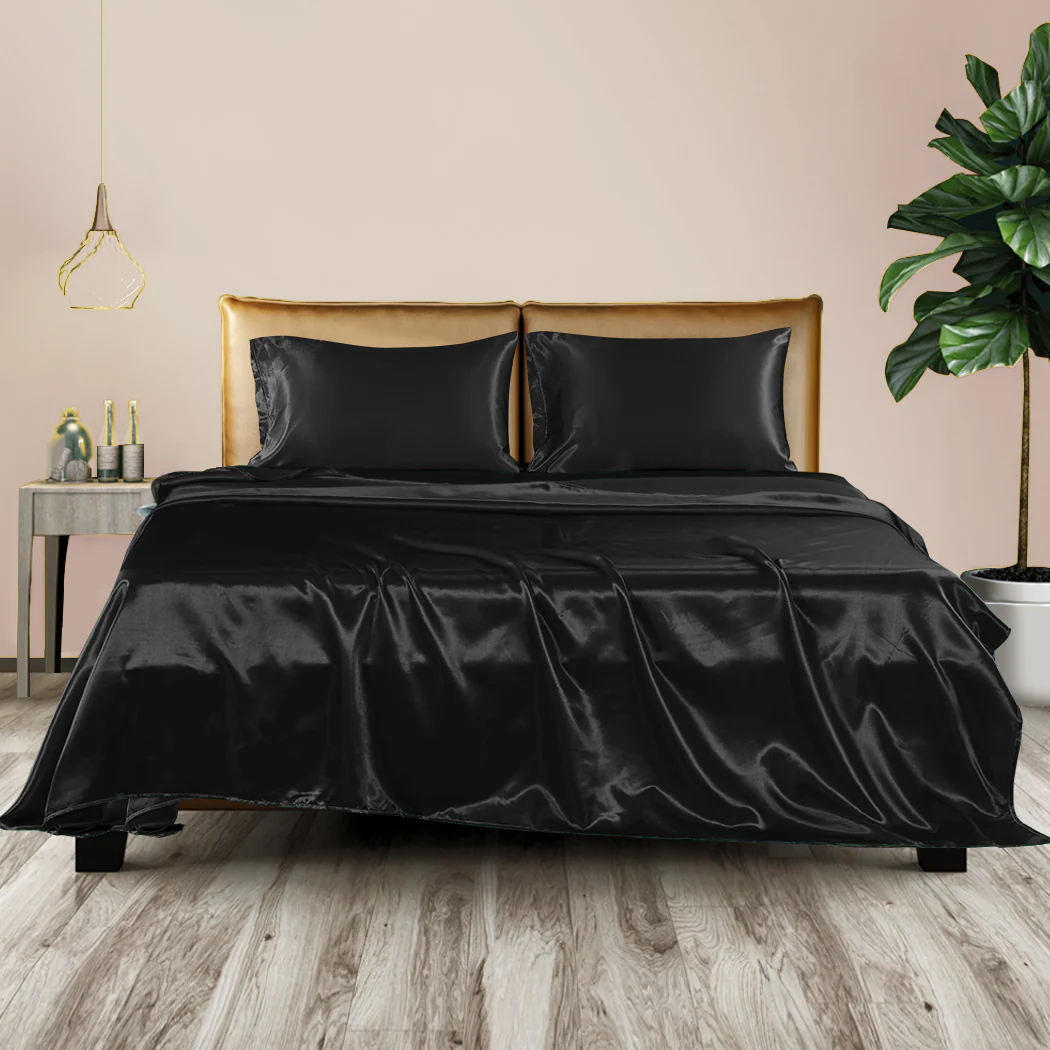 Queen Dreamz Silky Satin Sheets Fitted Flat Black - Nurns