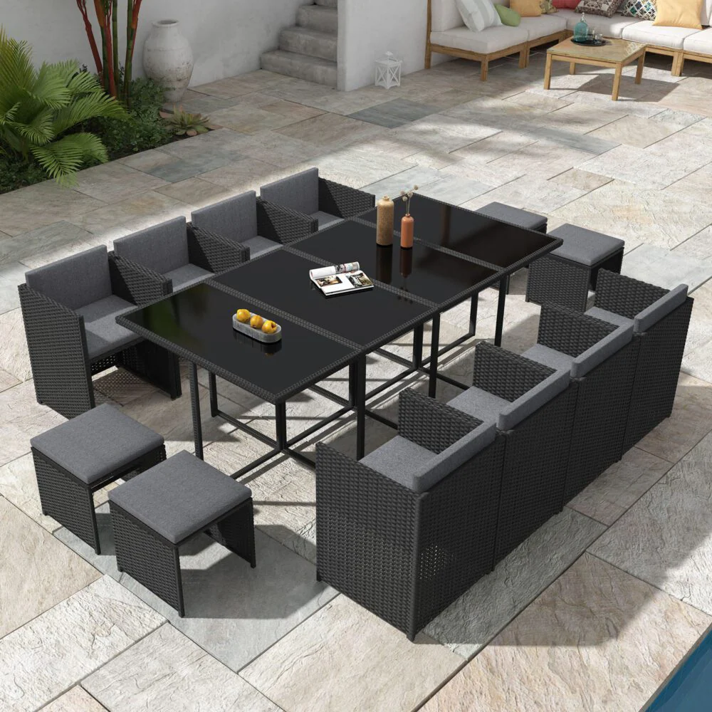 Drew 12-Seater Outdoor Furniture Setting 13-Piece Dining Set - Black - Nurns