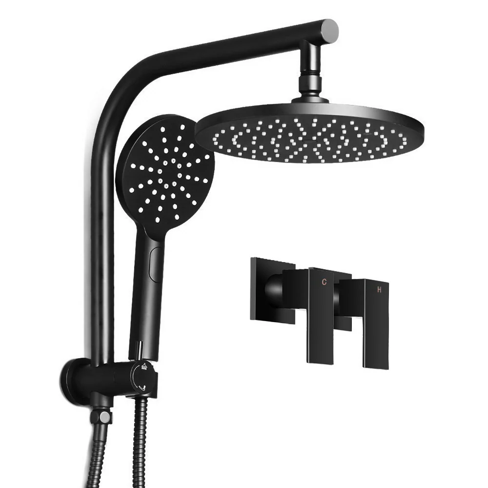 9'' Rain Shower Head Set Handheld Round High Pressure Twins Tap Black - Nurns