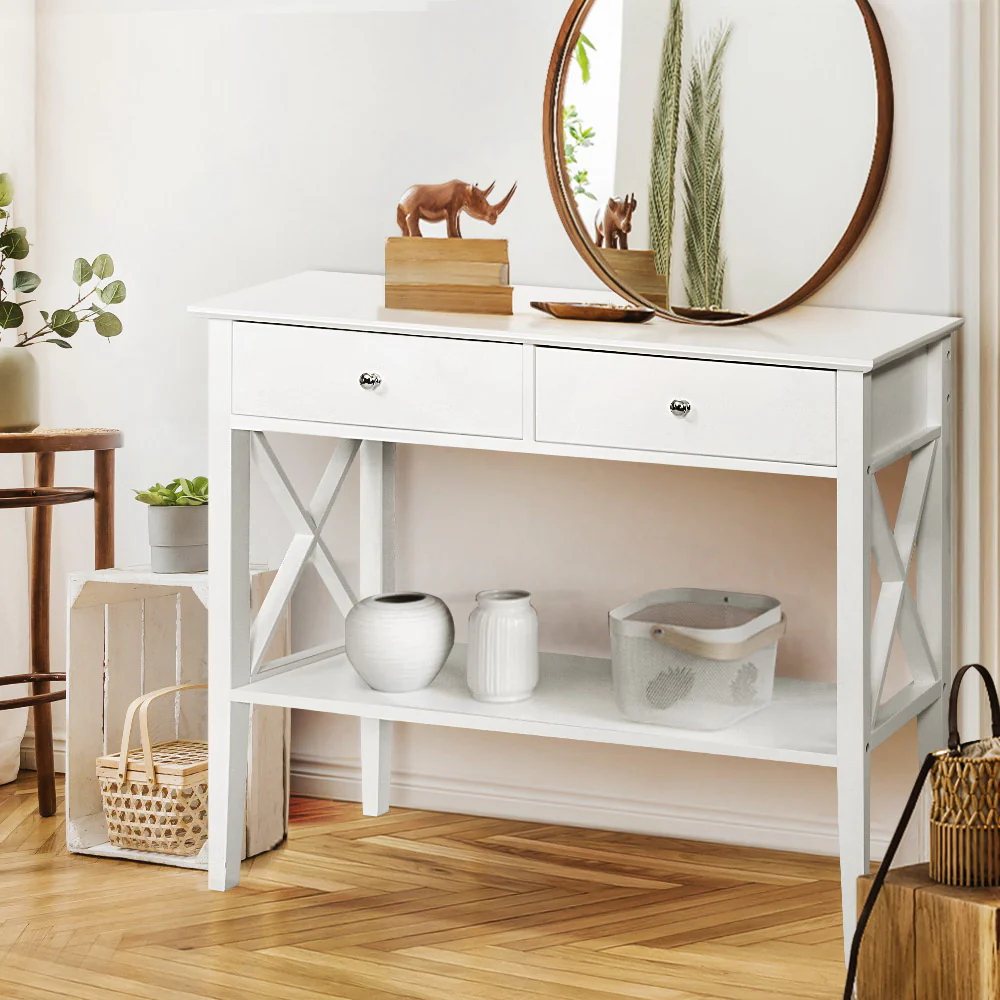 Console Table Hall Side Entry 2 Drawers Display White Desk Furniture - Nurns
