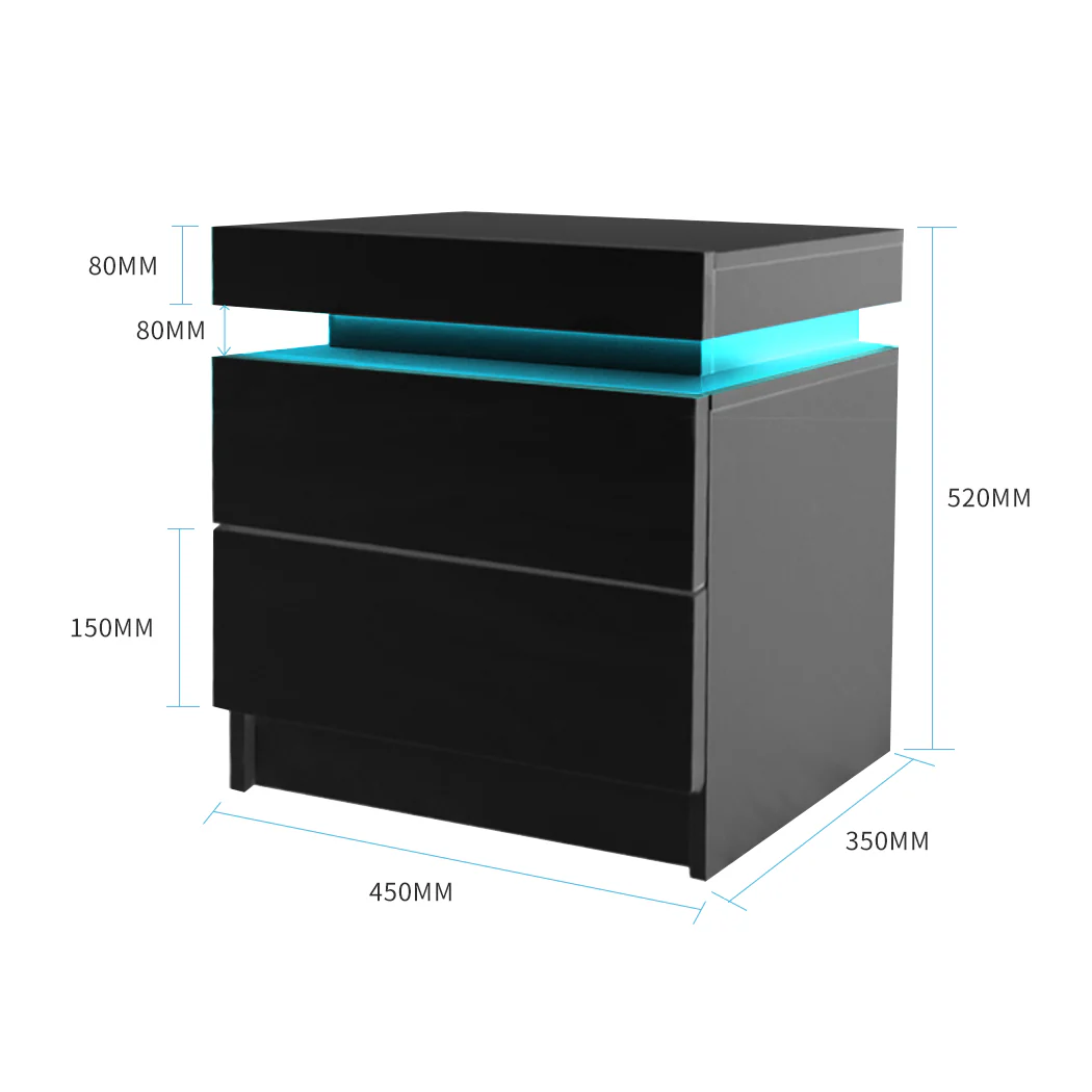Inuvik LED Bedside Tables RGB LED Side Table High Gloss Nightstand Cabinet with 2 Drawers - Black - Nurns