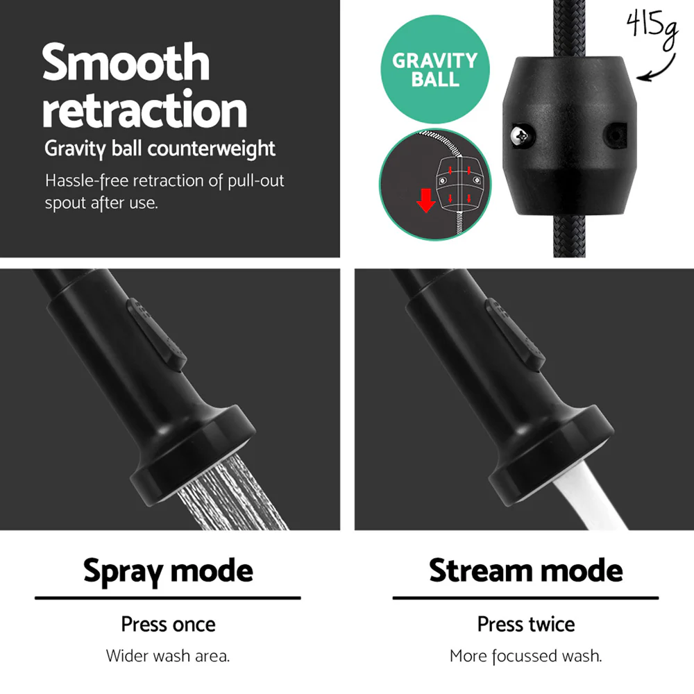 Pull Out Kitchen Tap Mixer Basin Taps Faucet Vanity Sink Swivel Brass WEL In Black - Nurns