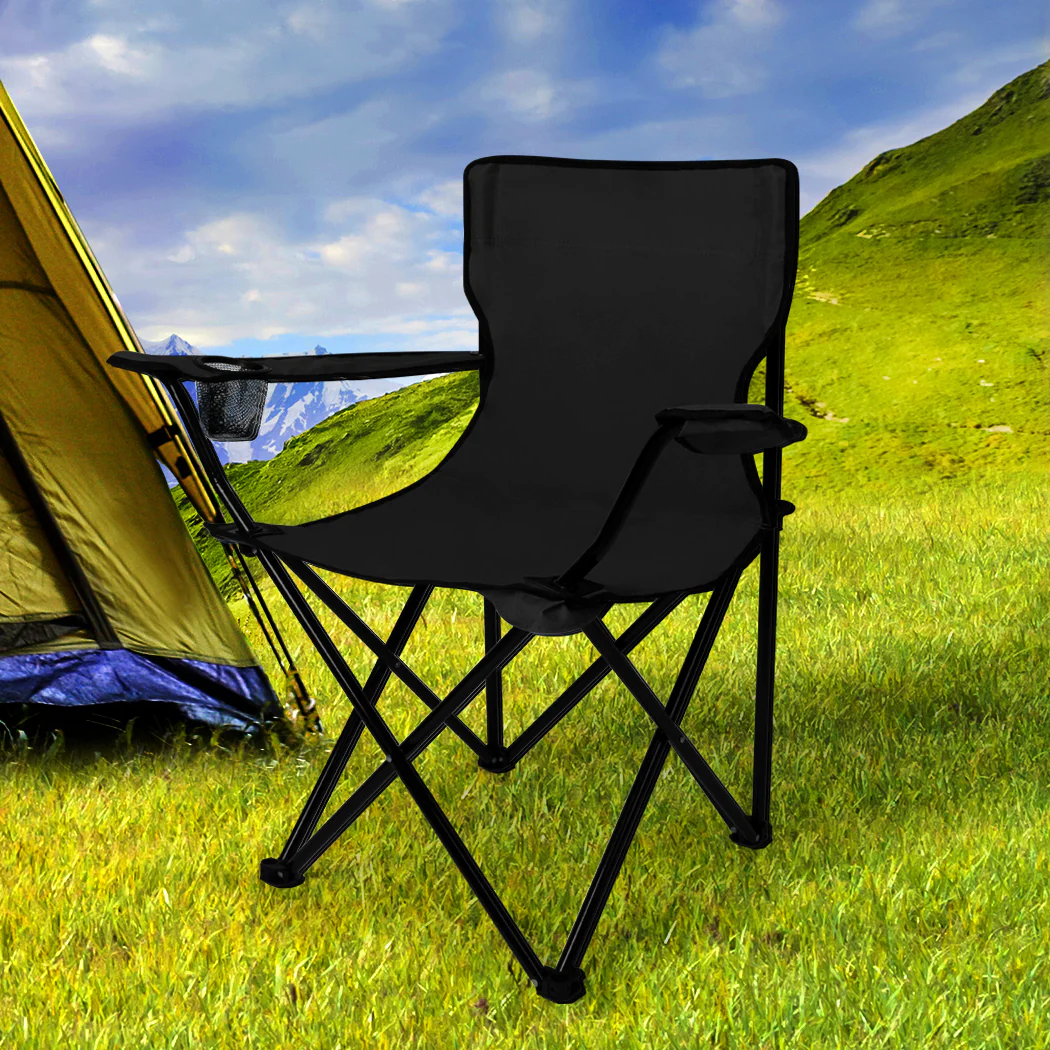 Set of 2 Folding Camping Chairs Arm Foldable Portable Outdoor Fishing Picnic Chair Black - Nurns