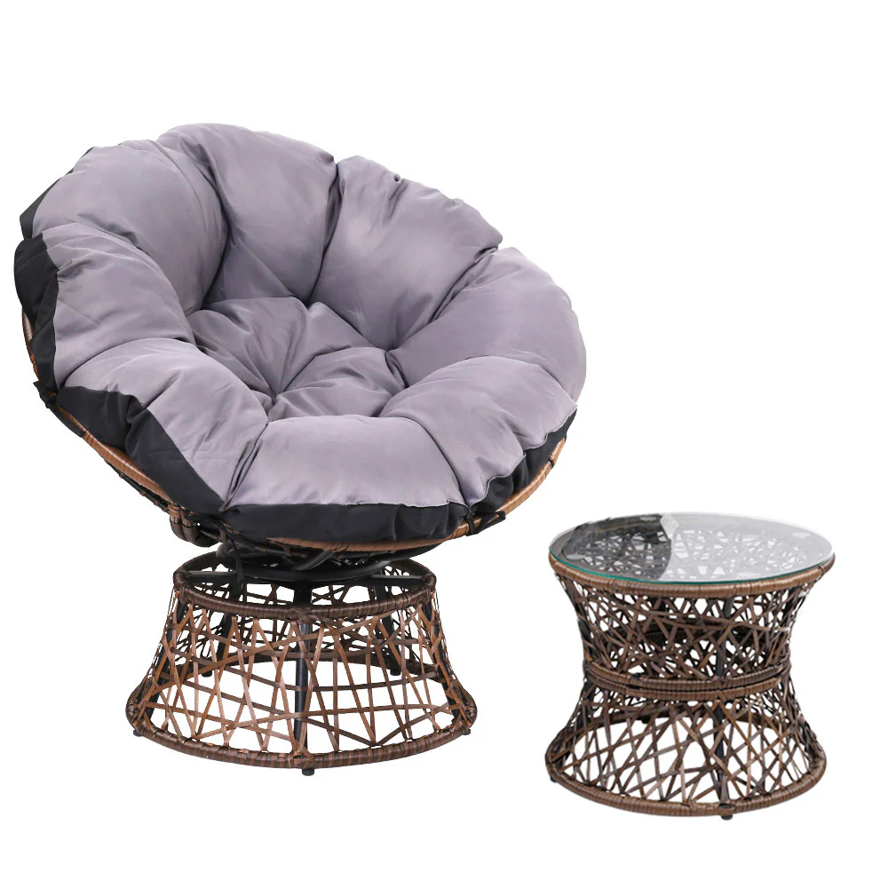 Outdoor Lounge Setting Papasan Chair Wicker Table Garden Furniture - Brown - Nurns