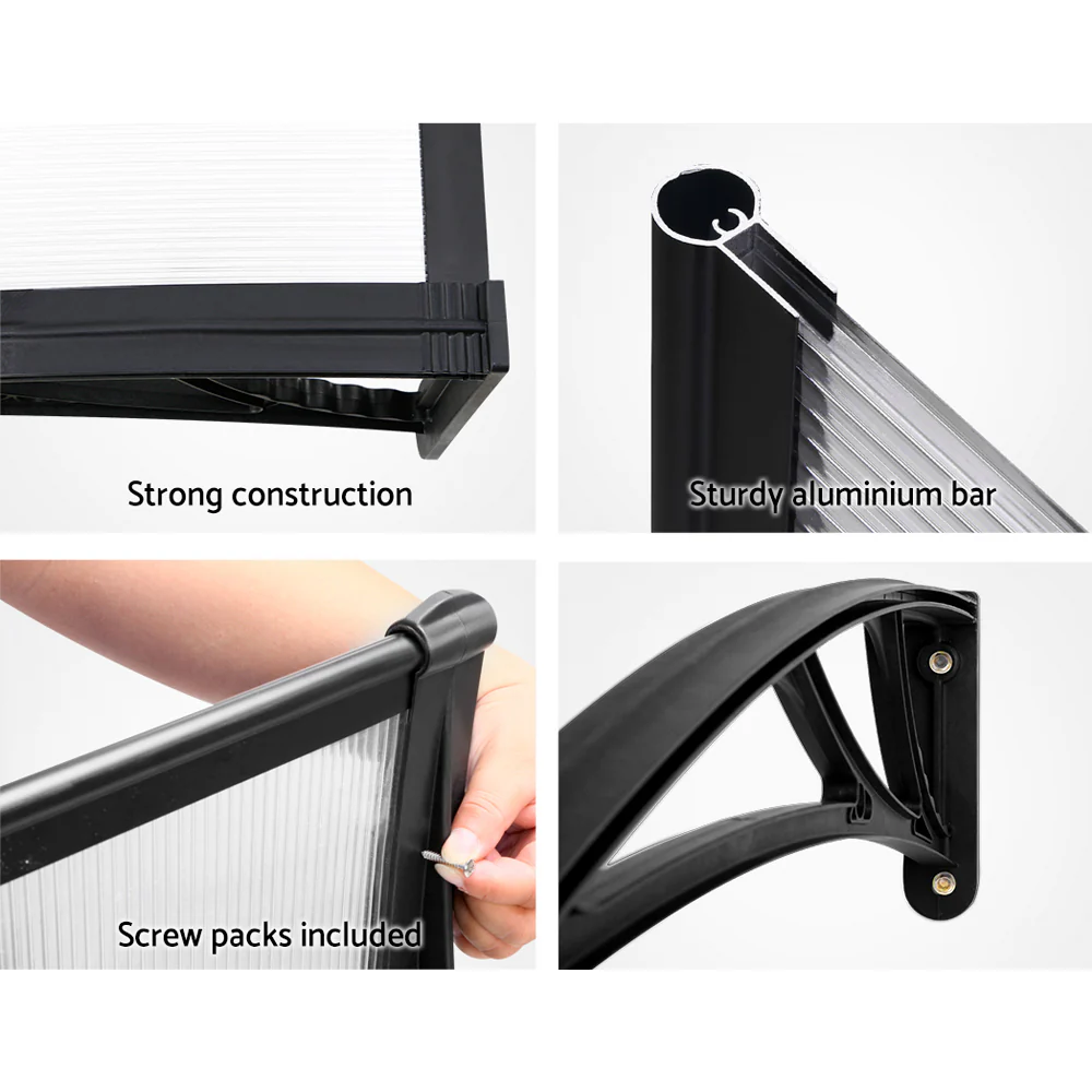 Instahut Window Door Awning Canopy 1mx2m Transparent Sheet Black Plastic Frame - Nurns