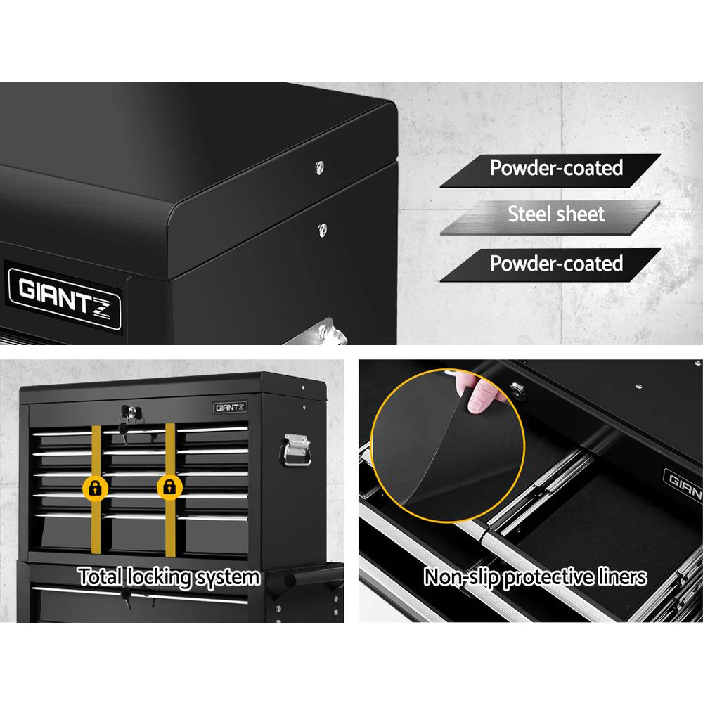 Tool Chest and Trolley Box Cabinet 16 Drawers Cart Garage Storage Black - Nurns