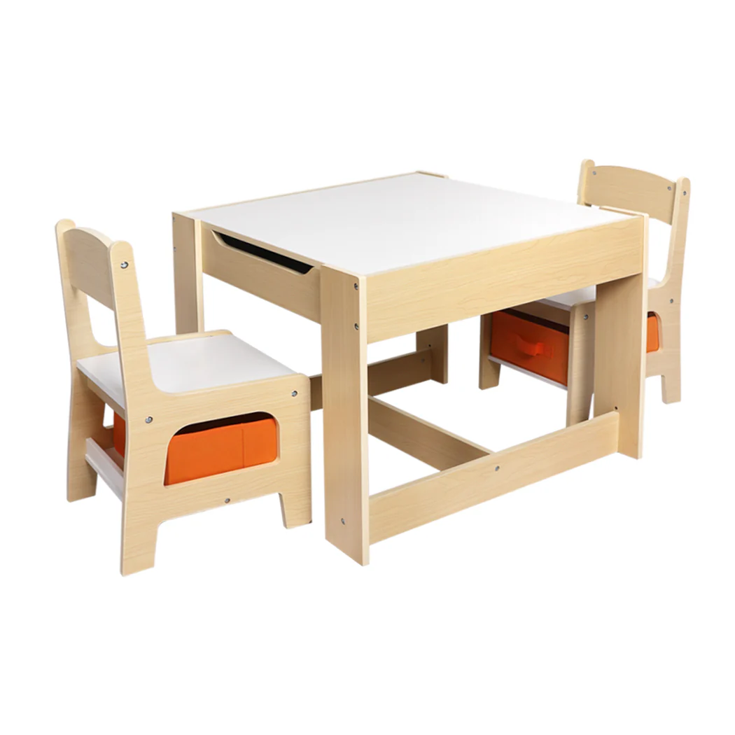 Phyllys 3-Piece Kids Table & Chairs Set Storage Box Toys Play Desk Wooden Study - White & Wood - Nurns