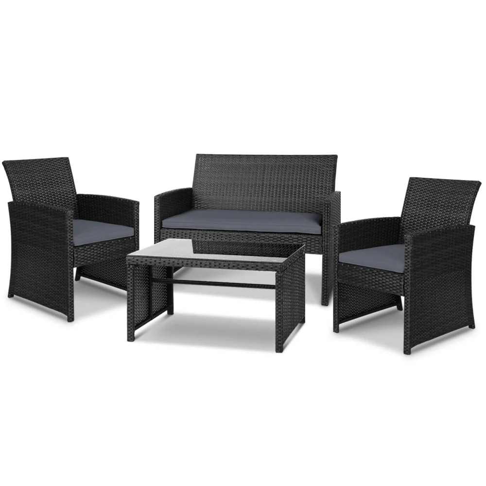 Slough 4-Seater Rattan Chair Table Setting Garden Furniture 4-Piece Outdoor Sofa Set - Black - Nurns