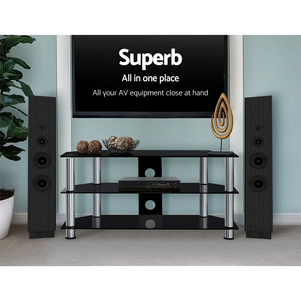 Keld 100cm TV Stand Entertainment Unit Media Cabinet Tempered Glass 3 Tiers - Black - Nurns