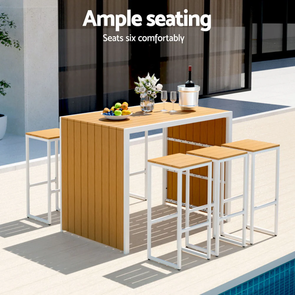 Ryker 6-Seater Bar Chairs Steel Stools Patio Table 7-Piece Outdoor Bistro Set - Wood - Nurns