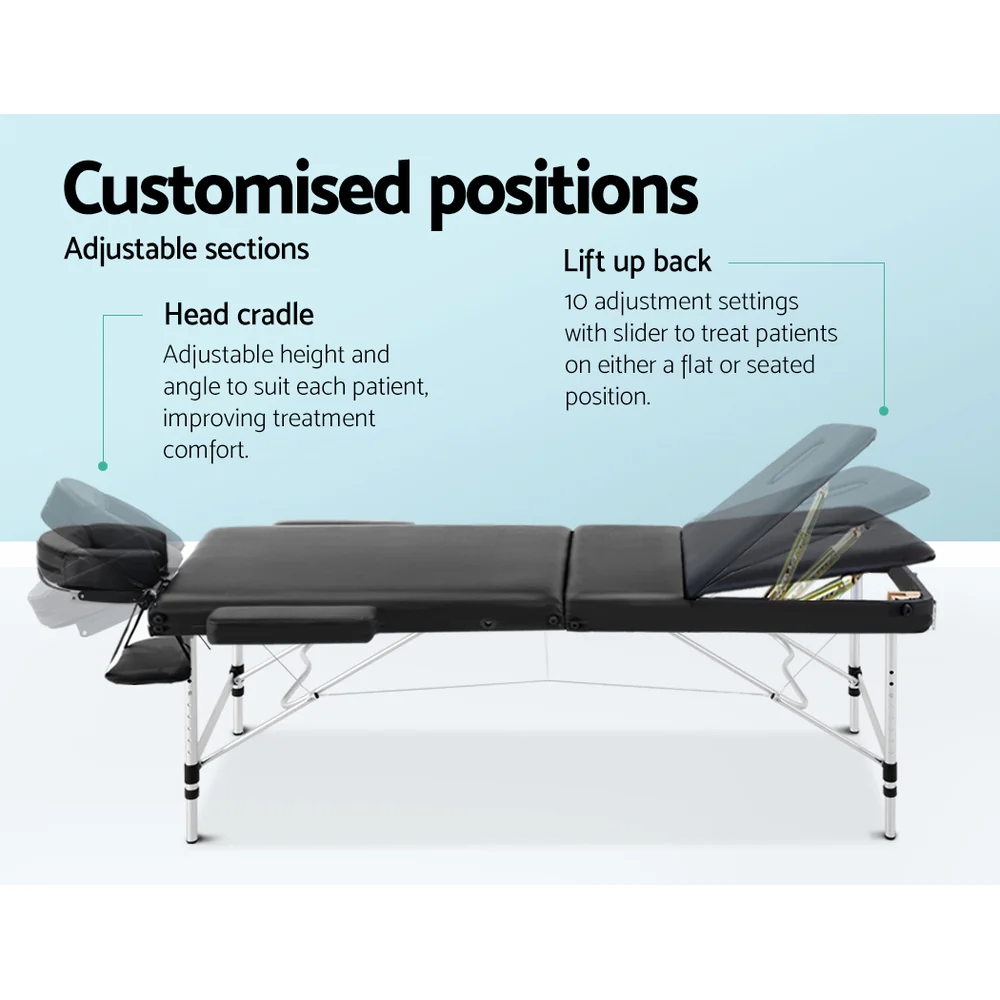 Massage Table 70cm 3 Fold Aluminium Beauty Bed Portable Therapy Black - Nurns