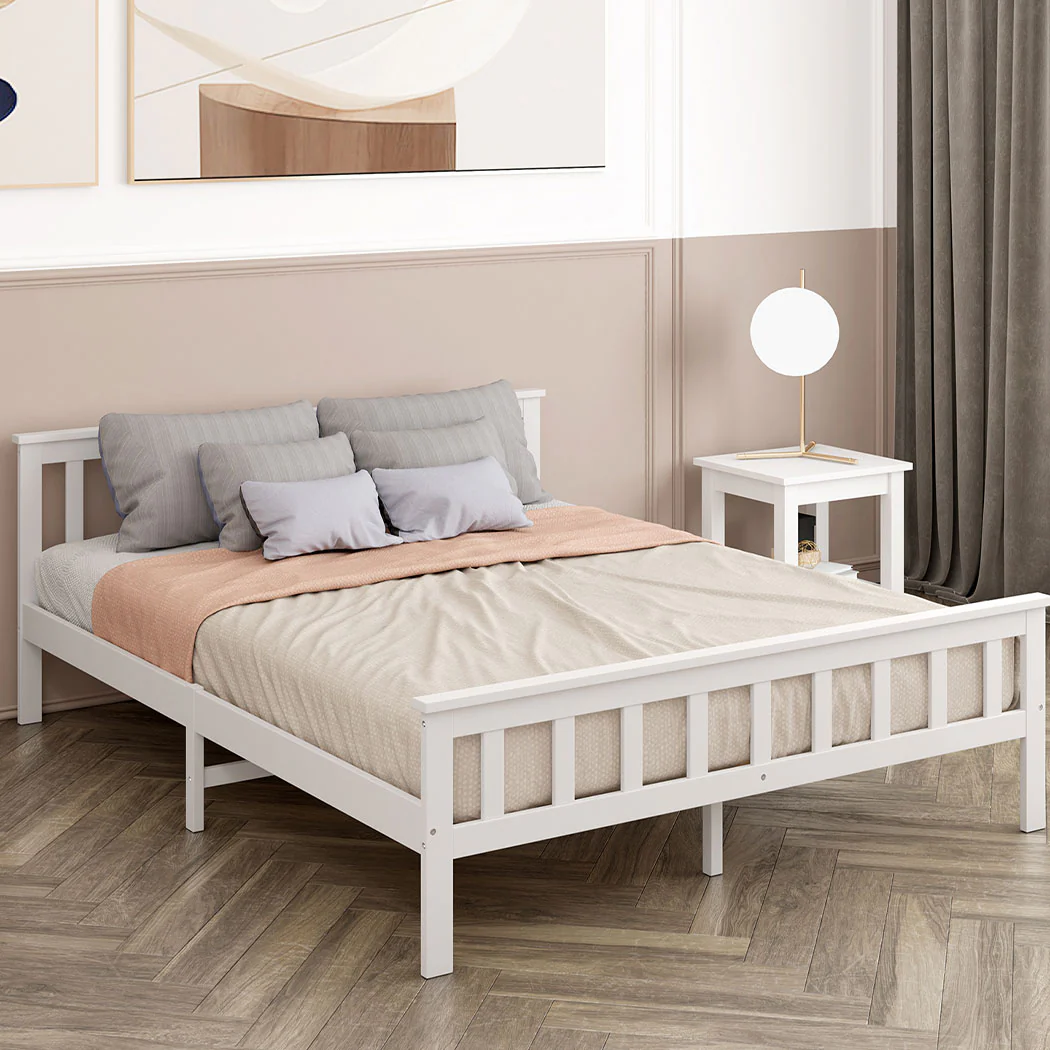 Mia Wooden Bed Frame Base Solid Timber Pine Wood White - Double - Nurns