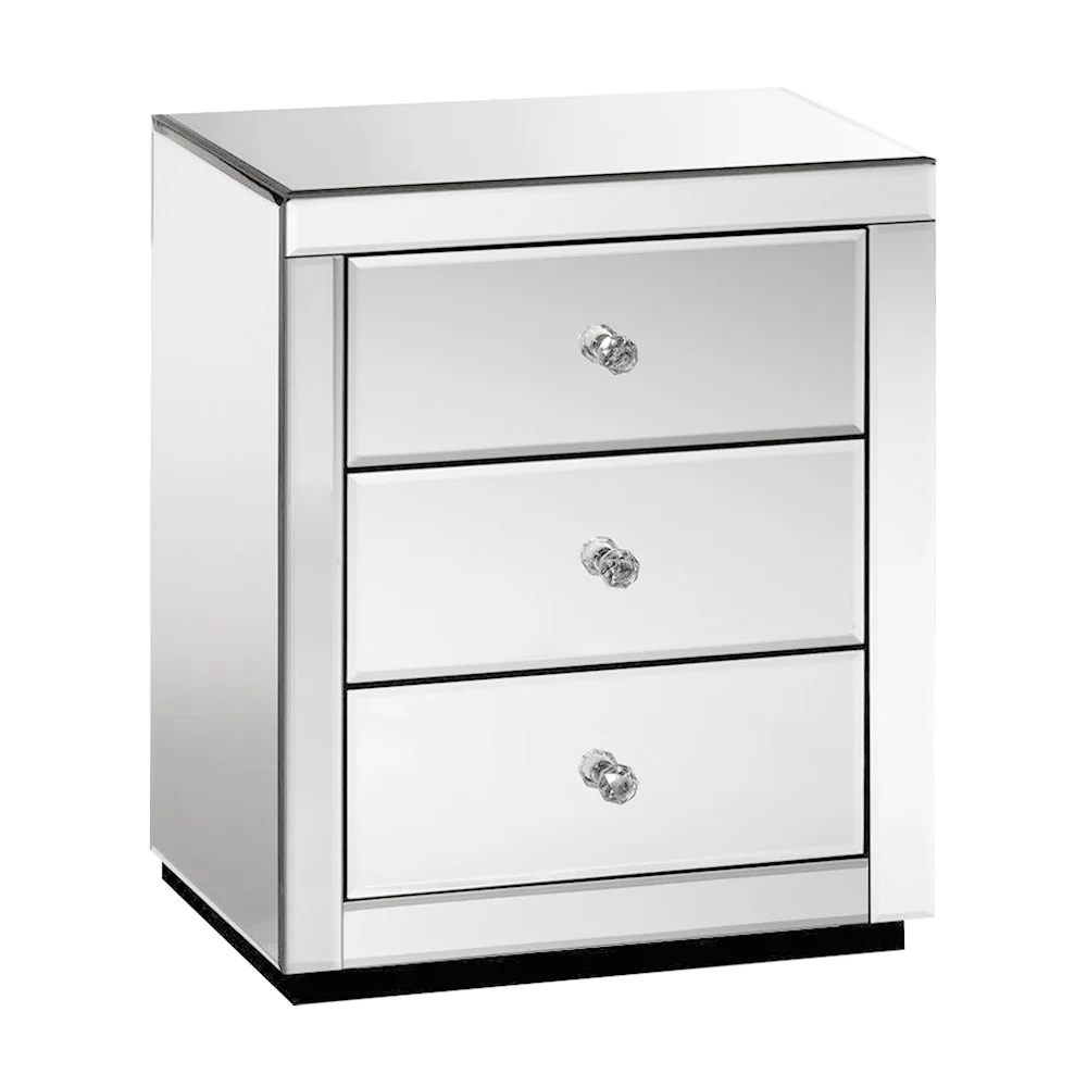 Batoche Mirrored Bedside Tables Mirrored Furniture Mirror Glass with 3 Drawers - Silver - Nurns