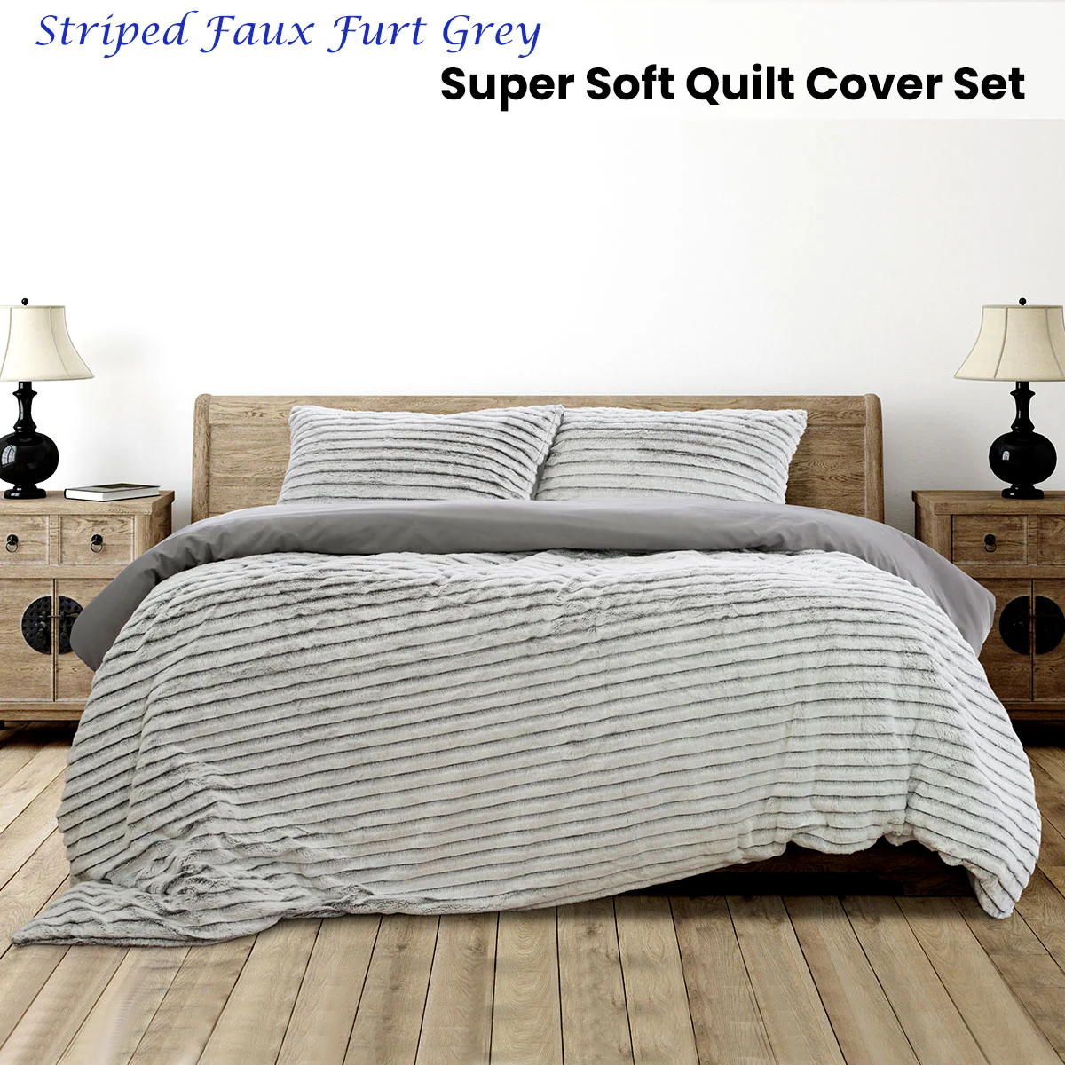 QUEEN Faux Fur Super Soft Quilt Cover Set - Grey - Nurns