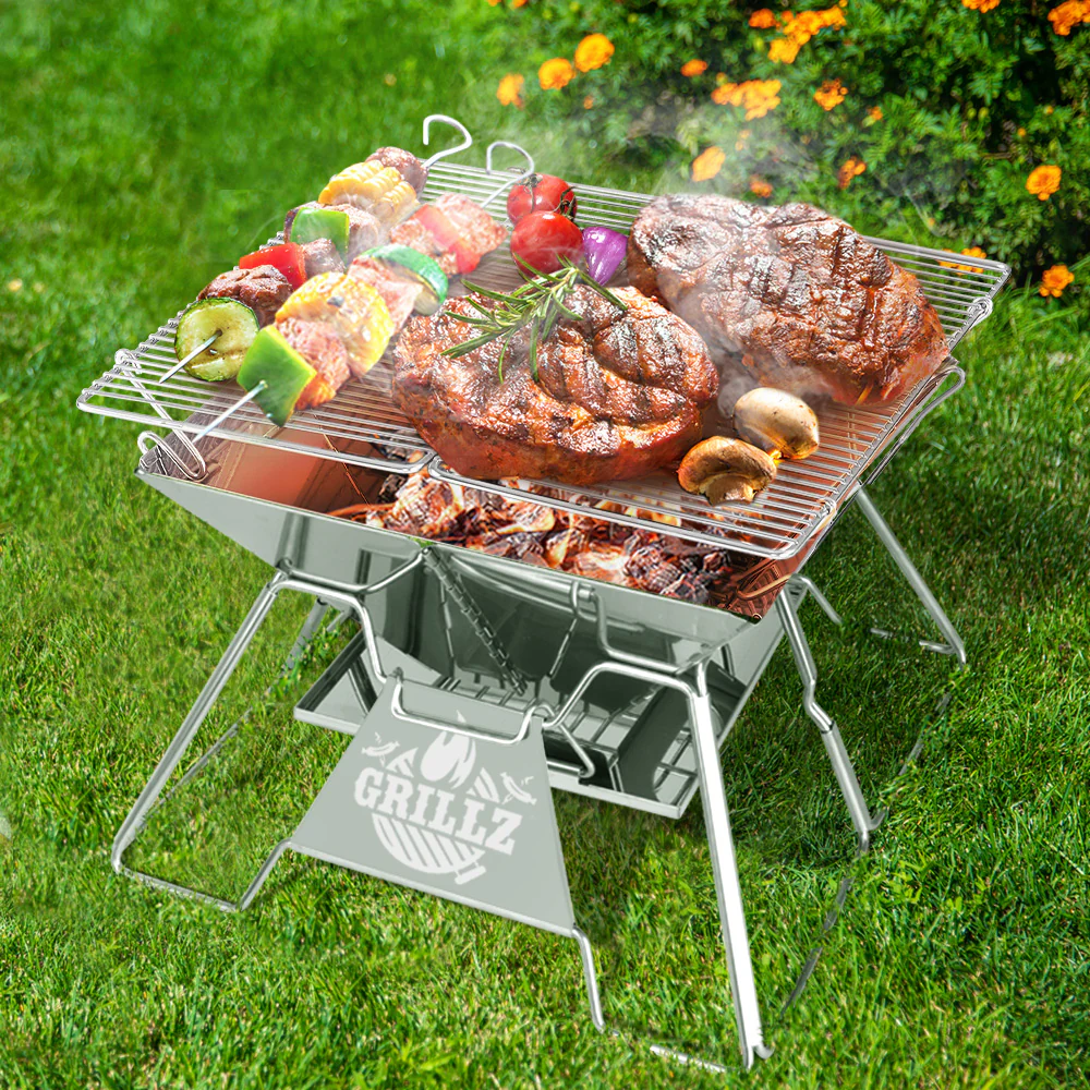 Camping Fire Pit BBQ 2-in-1 Grill Smoker Outdoor Portable Stainless Steel - Nurns