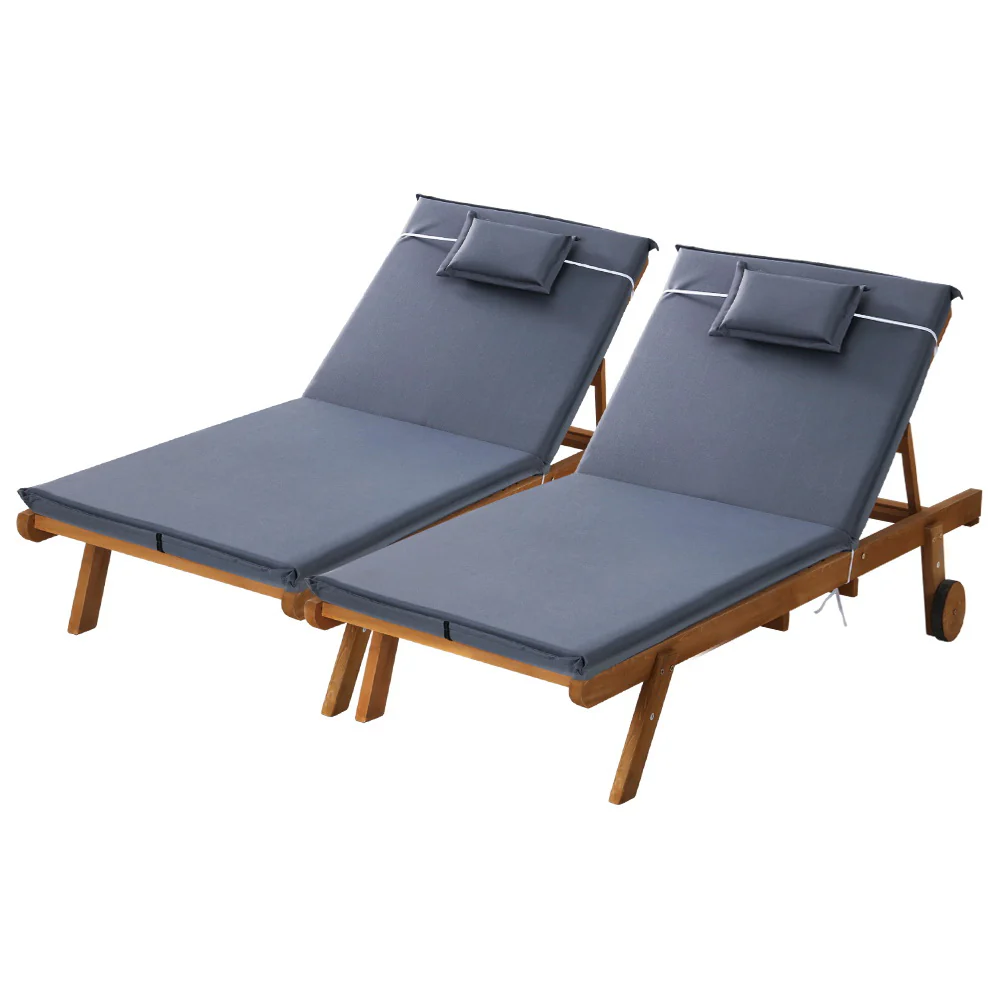 Manchester Set of 2 Outdoor Sun Lounger Wooden Lounge Day Bed Patio Outdoor Setting Furniture with Wheels - Grey - Nurns
