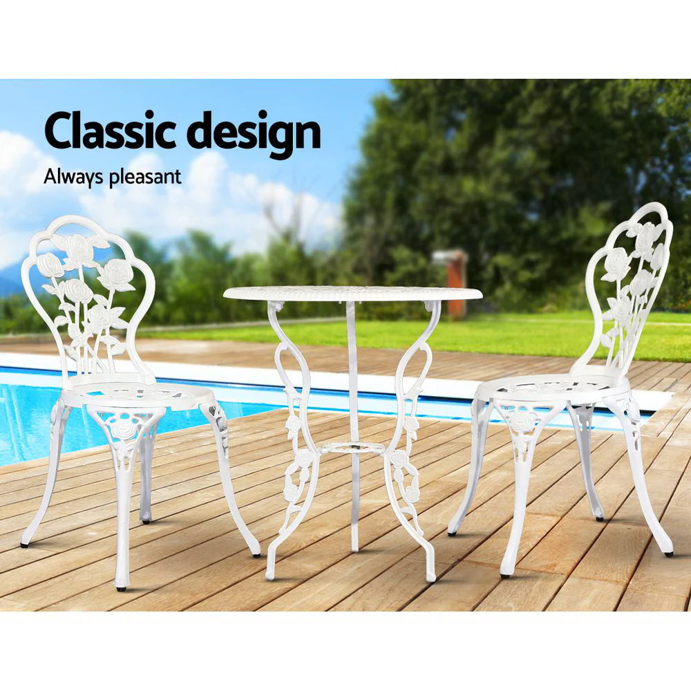 Caspian 2-Seater Chairs Table Aluminium Bistro 3-Piece Outdoor Furniture - White - Nurns