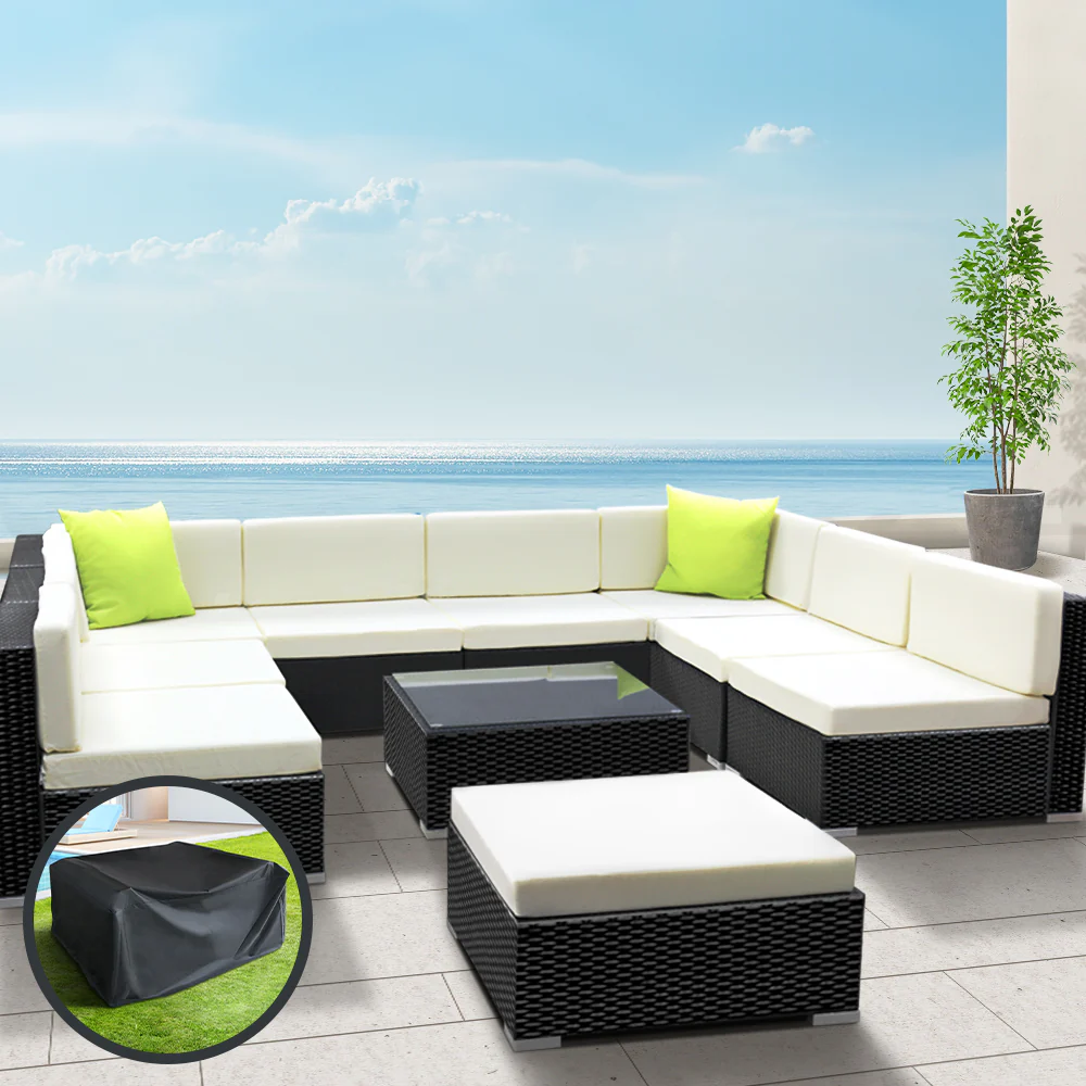 Chester 9-Seater Outdoor Set Furniture Wicker 10-Piece Sofa with Storage Cover - Black - Nurns