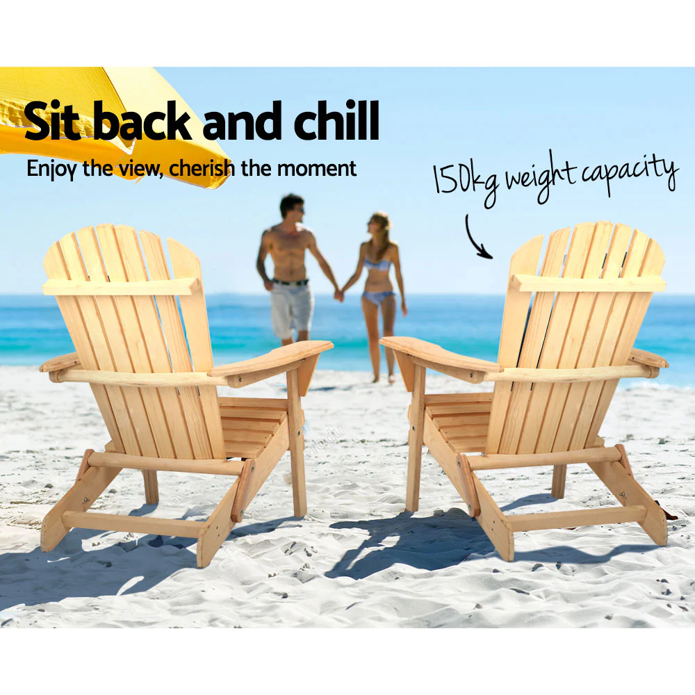 Adirondack Gardeon 3PC Outdoor Table and Chairs Wooden Foldable Beach Chair Natural - Nurns