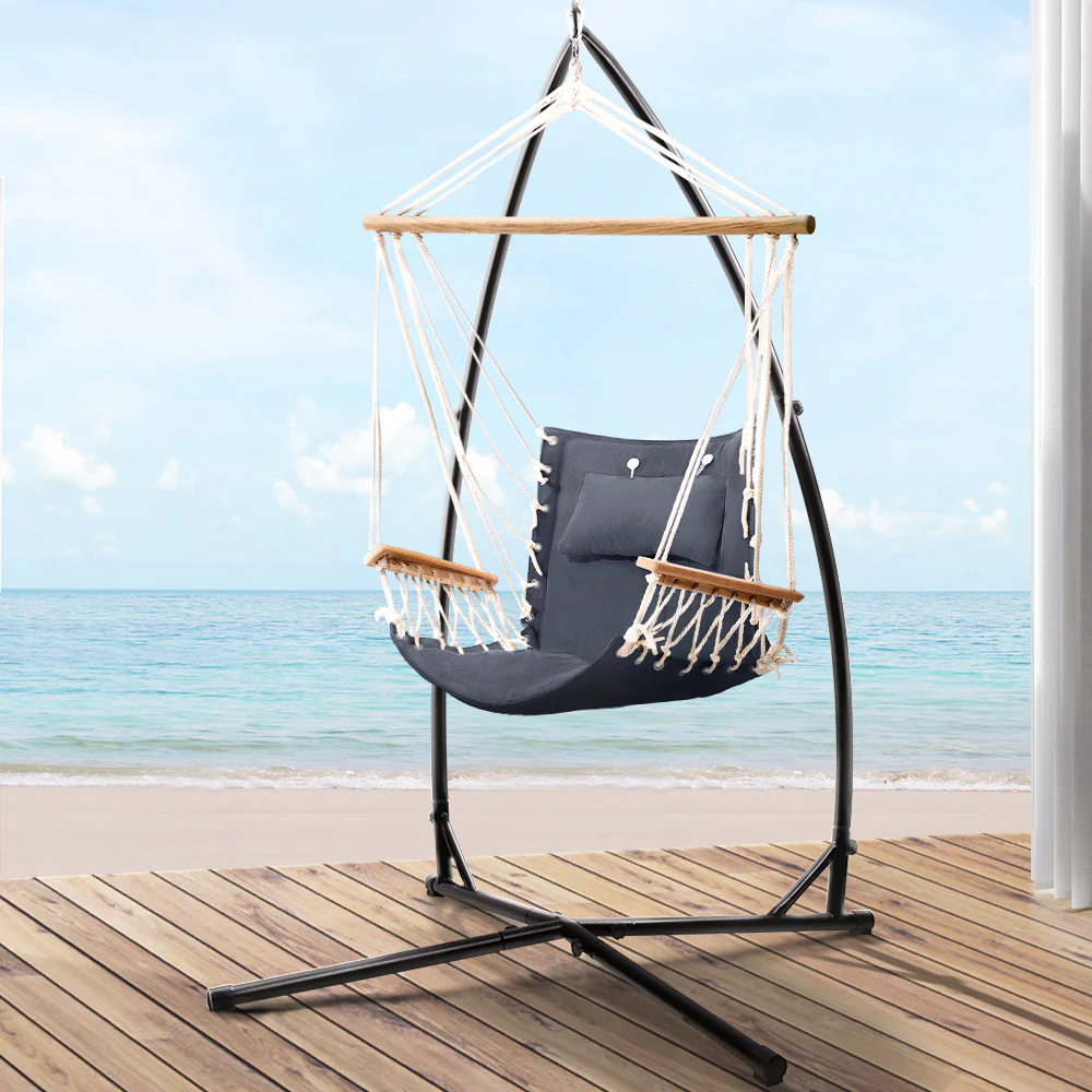 Hammock Chair with Steel Stand Armrest Outdoor Hanging - Grey - Nurns