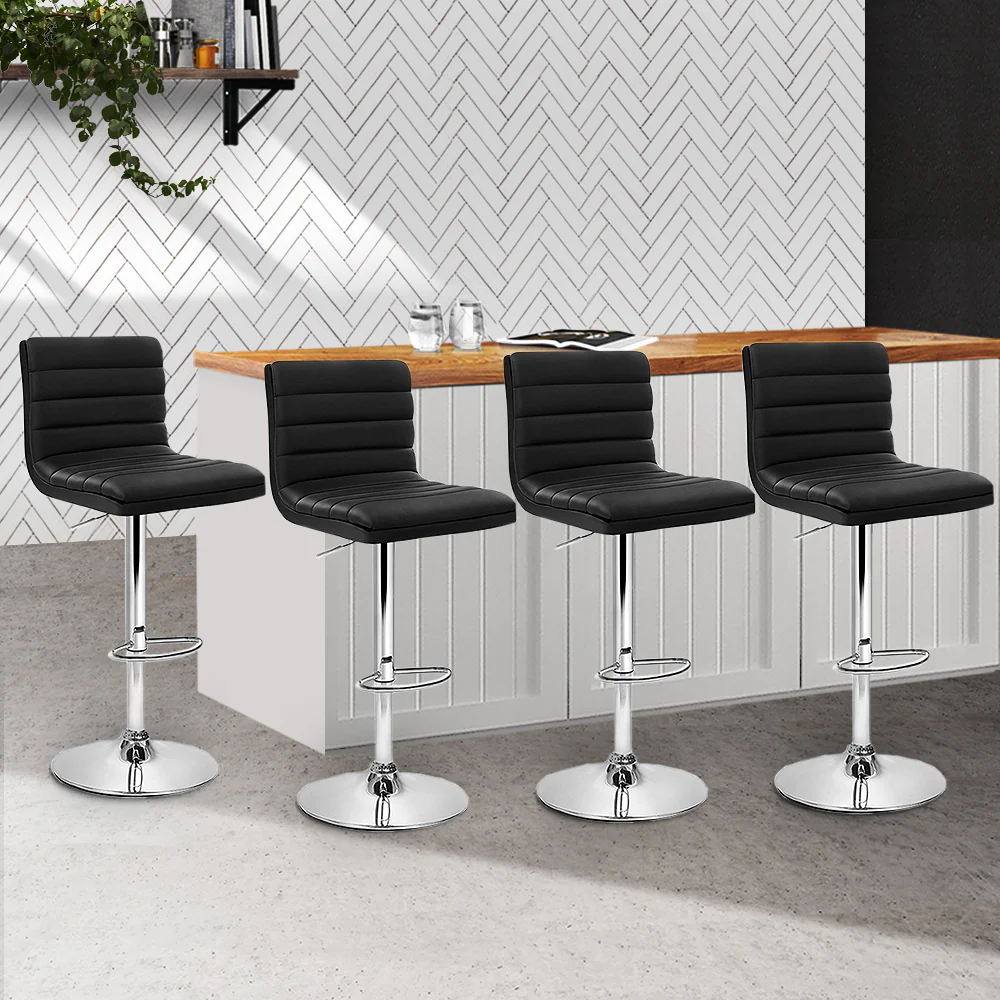 Set of 4 Bergamo PU Leather Lined Pattern Bar Stools - Black & Chrome - Nurns