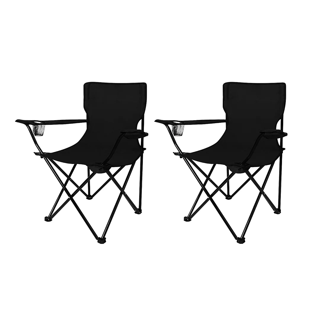 Set of 2 Folding Camping Chairs Arm Foldable Portable Outdoor Fishing Picnic Chair Black - Nurns