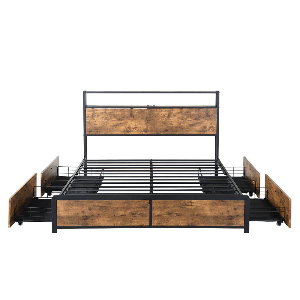 Maylen LED Bed Frame with 4 Drawers and USB Charger - Brown Queen - Nurns