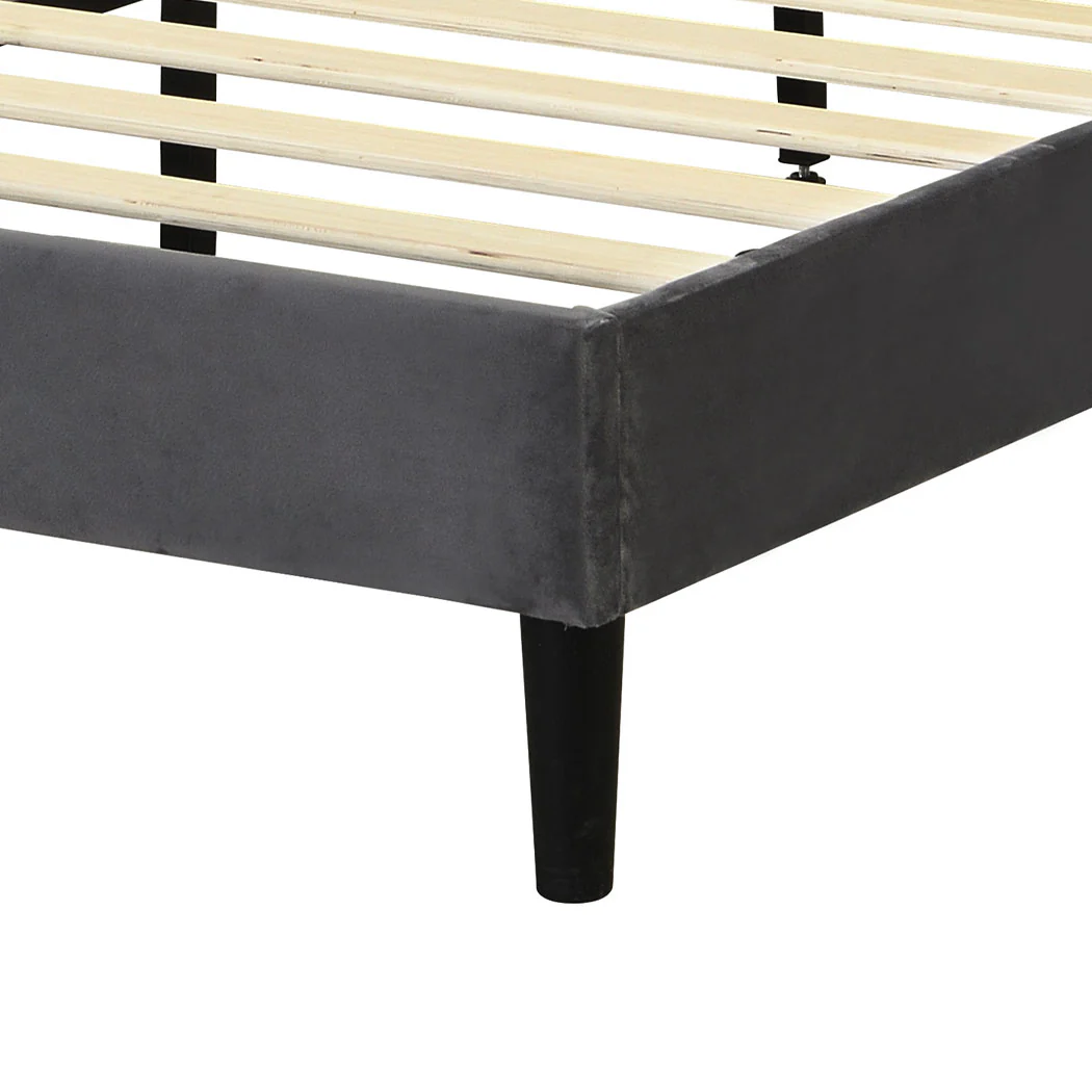 Assen Bed Frame Base Platform Wooden Velvet with Headboard Grey - Queen - Nurns