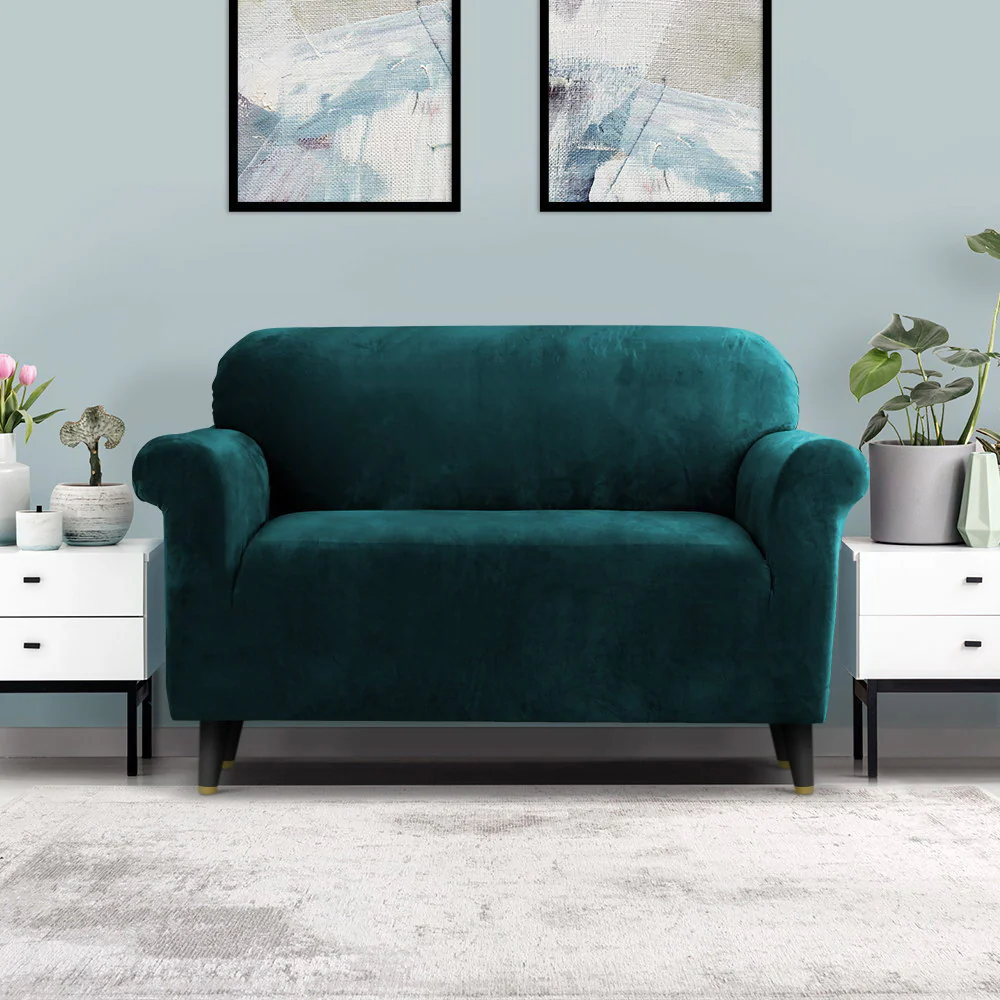 Velvet Sofa Cover Plush Couch Cover Lounge Slipcover 2-Seater Agate Green - Nurns