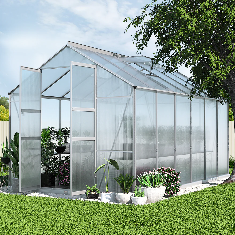 Greenfingers Greenhouse 3.7x2.5x2.26M Double Doors Aluminium Green House Garden Shed - Nurns