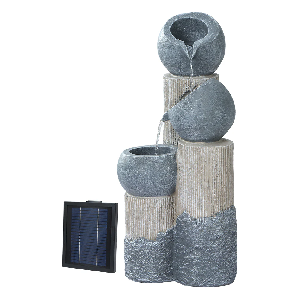 Solar Water Feature Cascading Fountain 3-Tier Pot LED Lights 76cm - Grey - Nurns