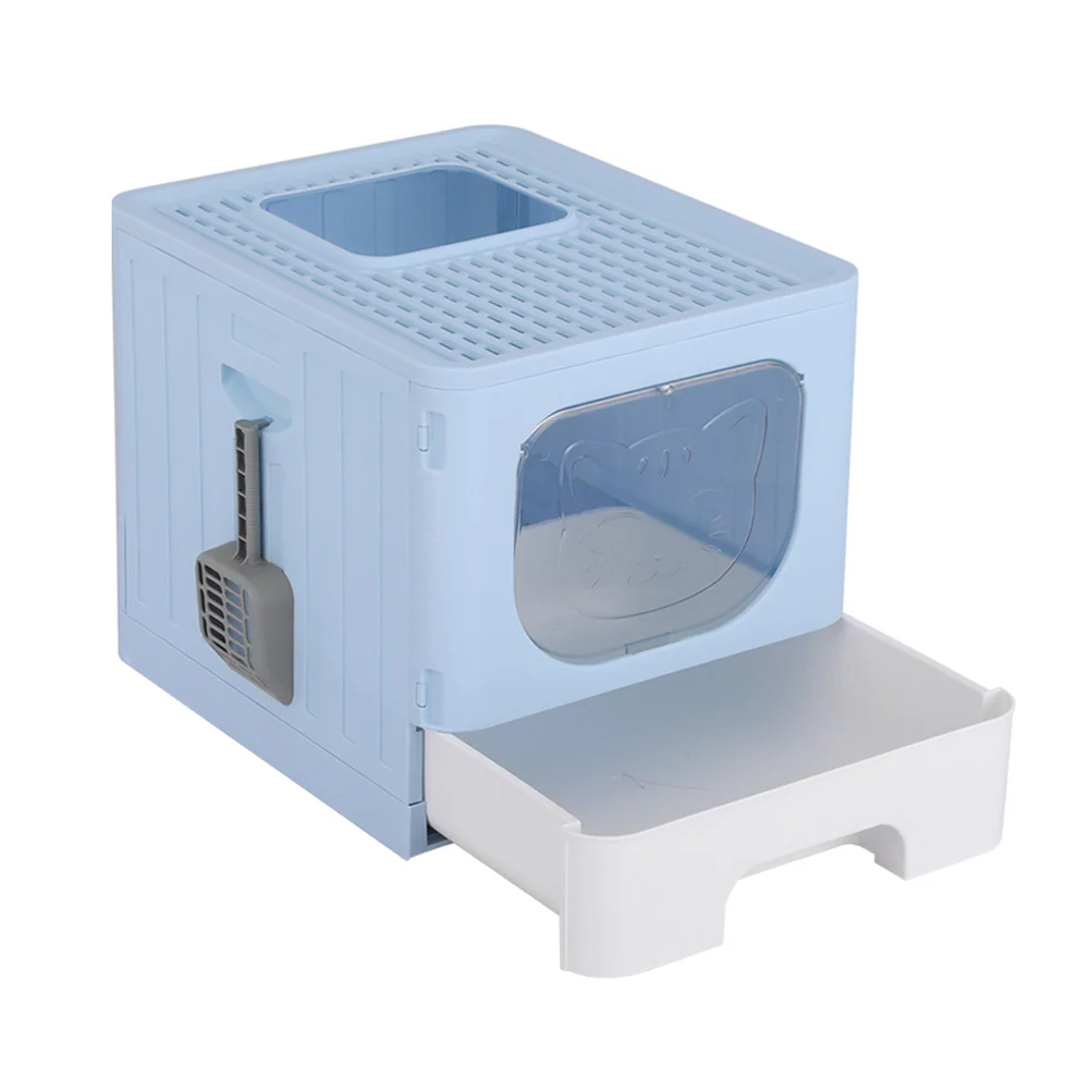 Cat Litter Box Large Tray Kitty Toilet Enclosed Hooded Foldable Scoop Blue - Nurns