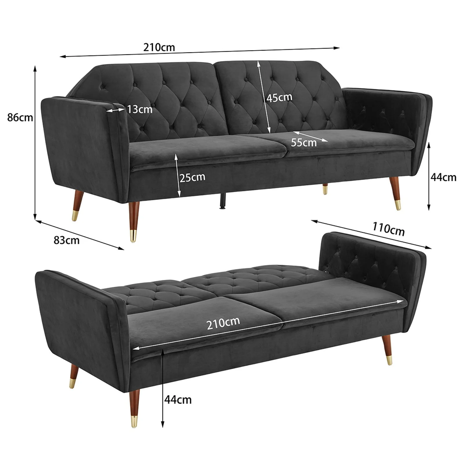 Marissa 2-Seater Faux Velvet Tufted Futon Sofa Bed Couch - Black - Nurns