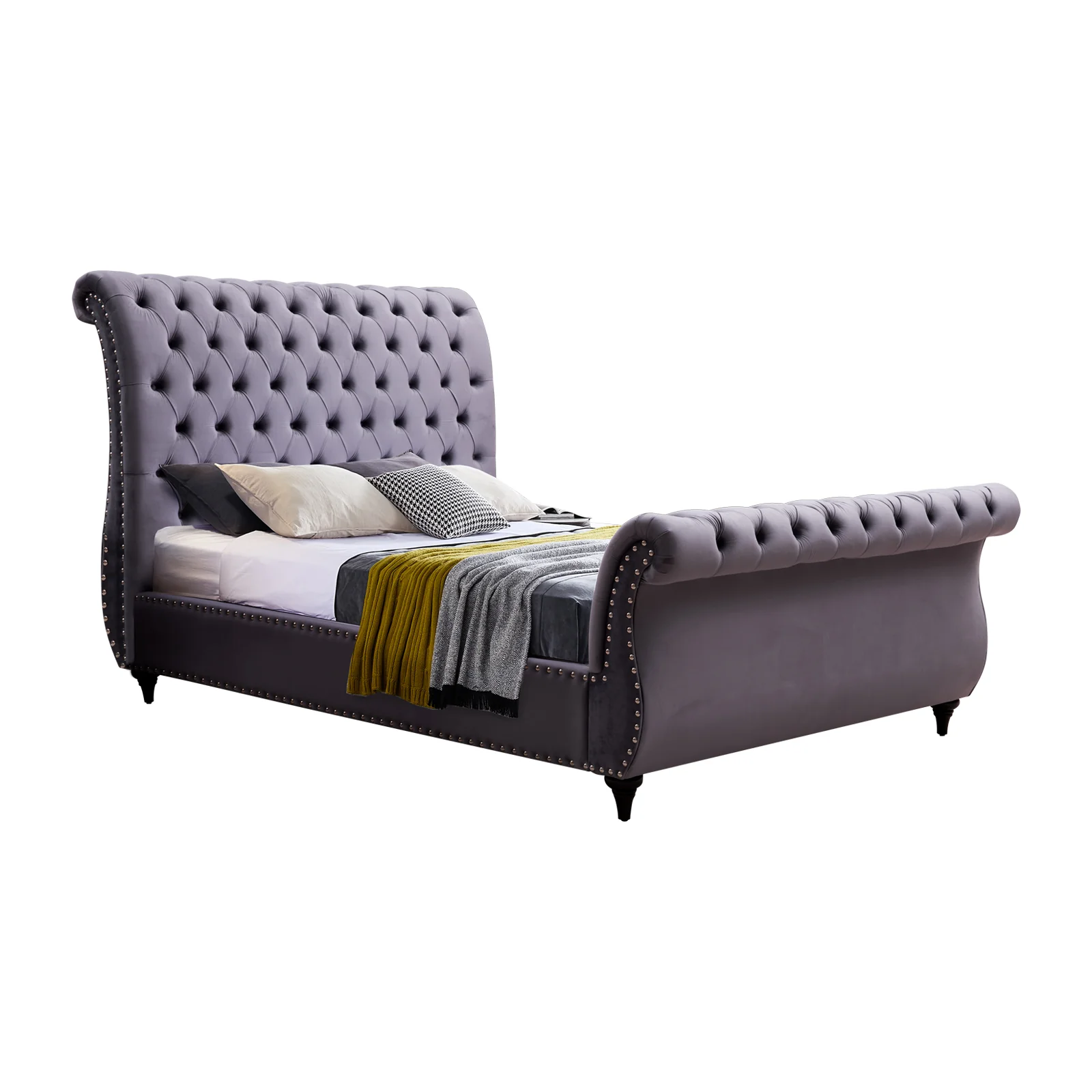Galene Sleigh Bedframe Velvet Upholstery Tufted Headboard And Footboard Deep Quilting - Grey Queen - Nurns