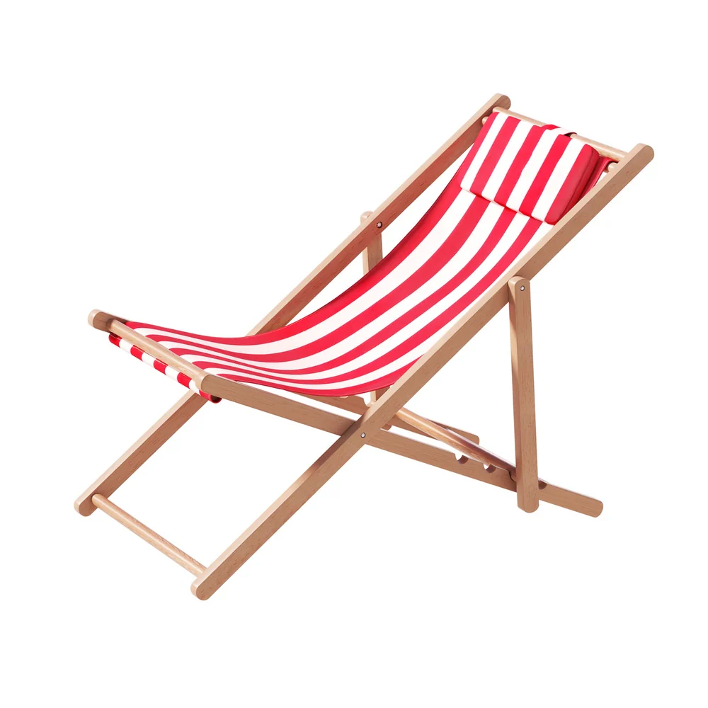 Damien Outdoor Chairs Sun Lounge Deck Beach Chair Folding Wooden Patio Furniture - Red and White - Nurns
