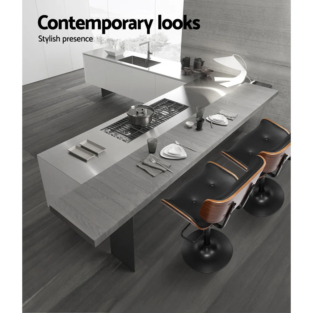 Set of 4 Ancona Kitchen Bar Stools Gas Lift Stool Chairs Swivel Barstool Leather - Black - Nurns