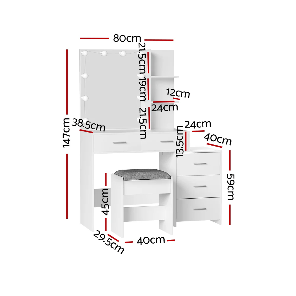 Dressing Table Set Stool 10 LED Bulbs - White - Nurns