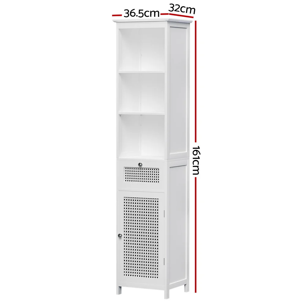 Bathroom Cabinet Storage 161cm White Rattan Tallboy Toilet Cupboard - Nurns