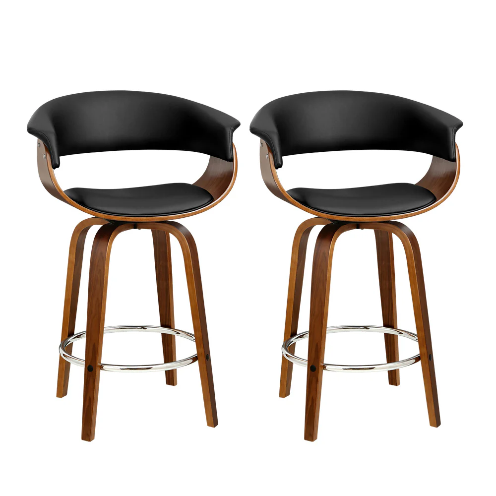 Set of 2 Edessa Swivel PU Leather Bar Stool - Wood & Black - Nurns