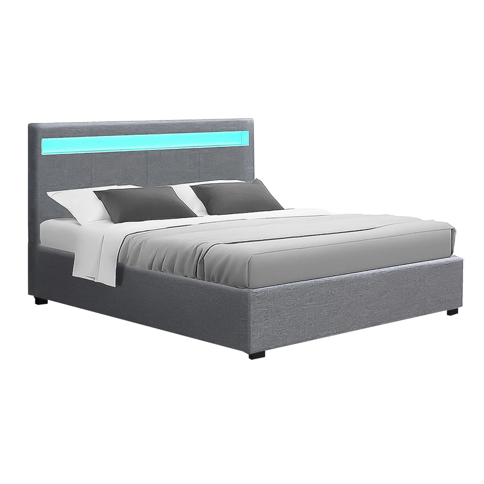 Boston LED Bed Frame Fabric Gas Lift Storage - Grey Queen - Nurns