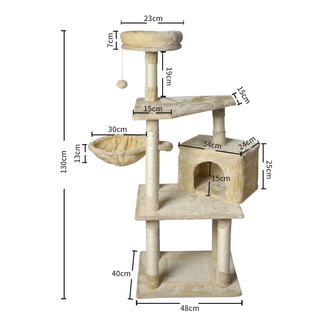 Cat Tree Toy Scratching Post Scratcher Tower Condo Wooden House Cream 130cm - Nurns