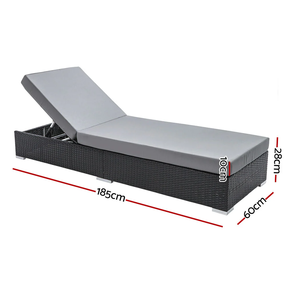 Herbert 3-Piece Outdoor Sun Lounge Wicker Chair with Cushion - Black - Nurns