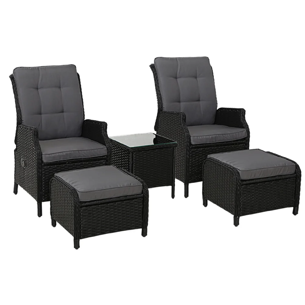 Yeovil 5-Piece Recliner Chair Outdoor Furniture Setting Patio Wicker Sofa Chair and Ottoman - Black - Nurns