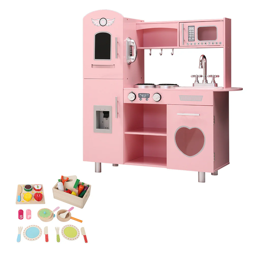 Kids Wooden Kitchen Pretend Play Sets Food Cooking Toys Children Pink - Nurns
