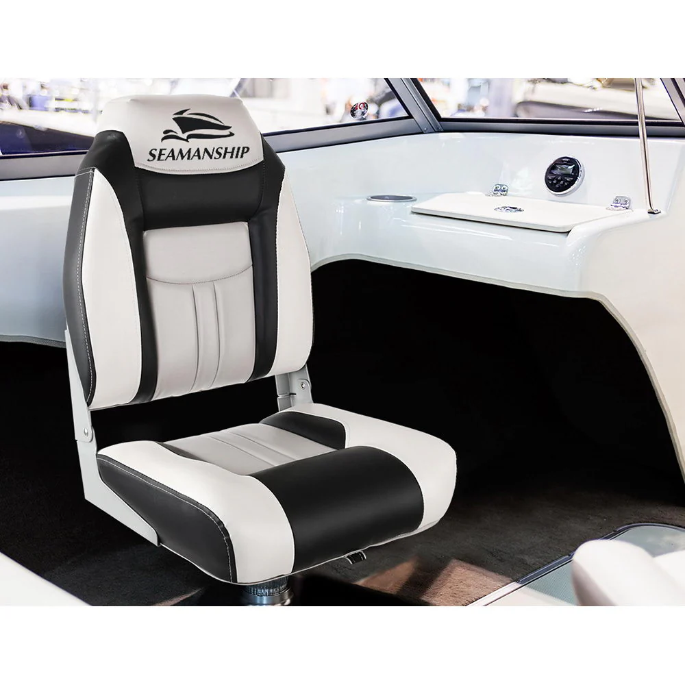 Set of 2 Folding Boat Seats Marine Seat Swivel High Back 12cm Padding Grey - Nurns