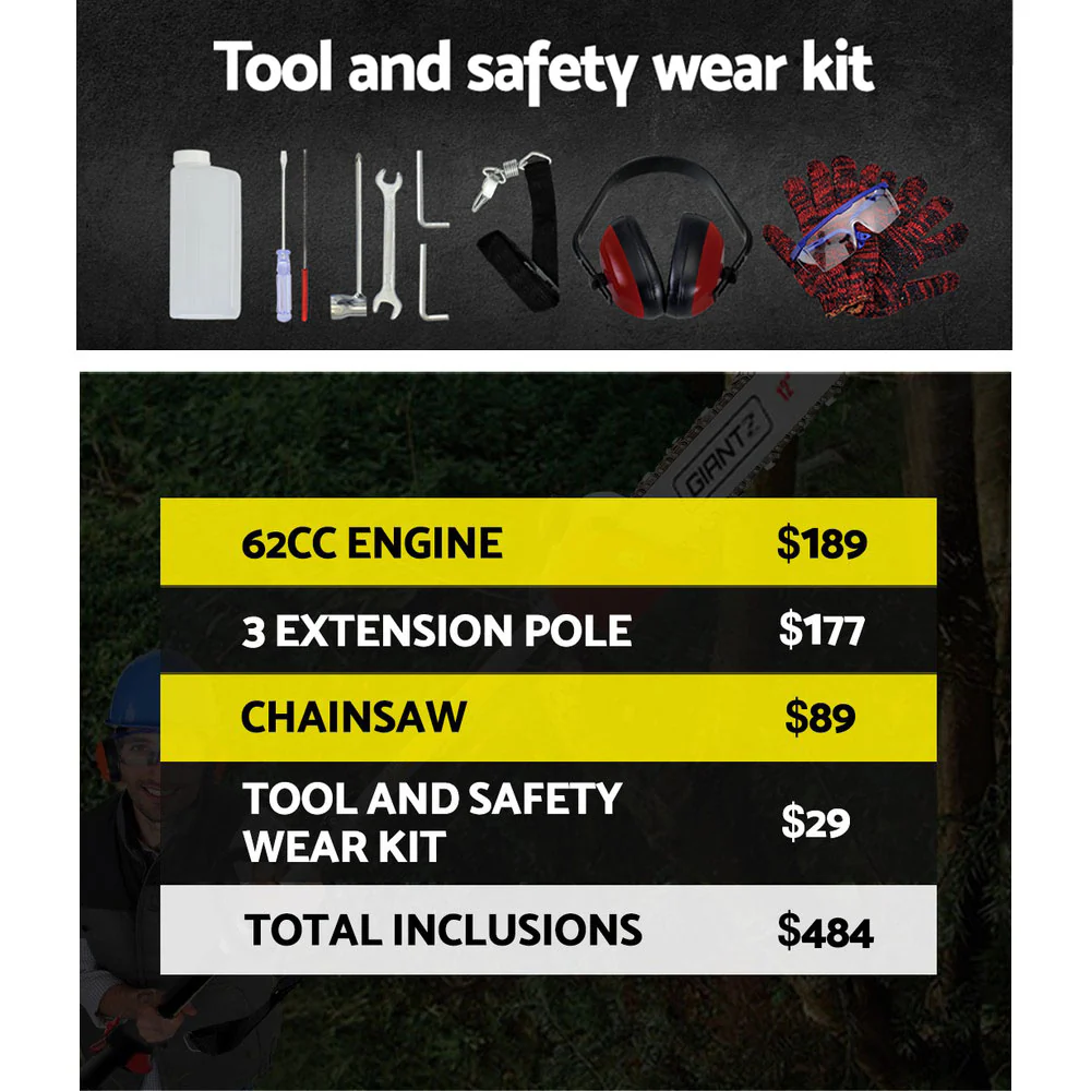 62CC Pole Chainsaw 12in Chain Saw Petrol 4.3m Long Reach Red - Nurns