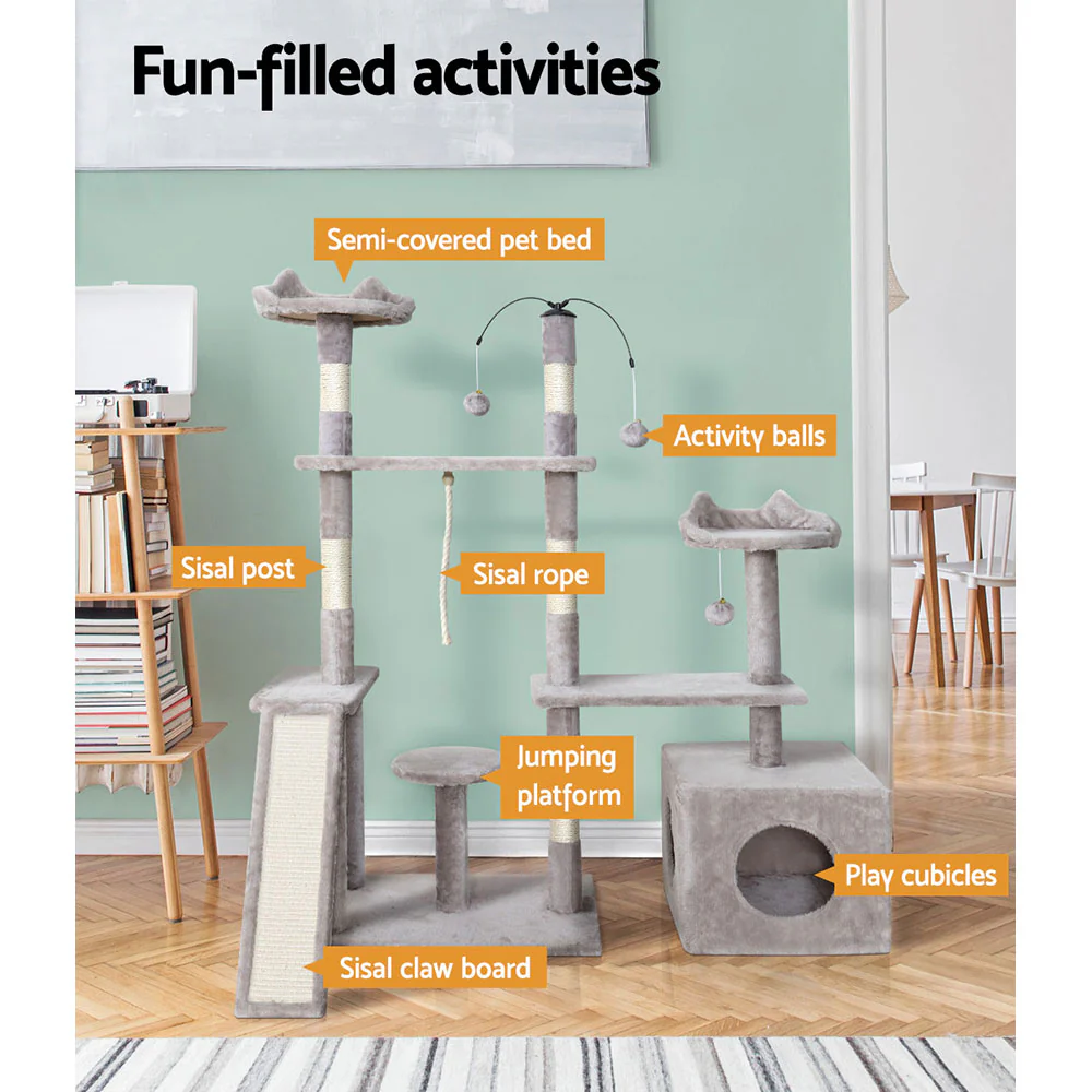 Cat Tree Scratching Post Scratcher Tower Condo House Grey 135cm - Grey - Nurns